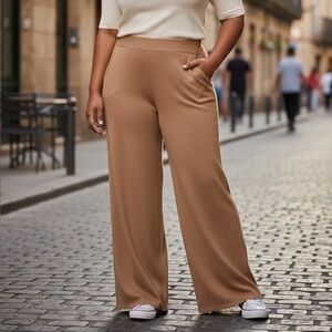 WYNNE LAYERS (1X) Sweater Knit Wide-Leg Pants Pockets Pull-On Soft Camel NWT